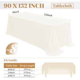 8 Packs 90 x 132 Inch Tablecloth, Ivory Polyester Tables-Cloth for 6ft Rectangle Tables, Stain and Wrinkle Resistant Washable Fabric Table Cover for Wedding Banquets Parties Buffet Dining Table