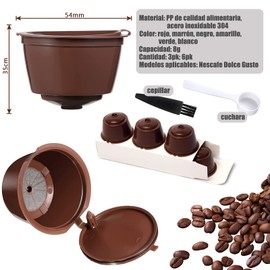 Cápsulas de café recargables reutilizables, paquete de 6 filtros de café Dolce Gusto con cuchara y cepillo, cápsulas de café universales reutilizables, marrón + negro