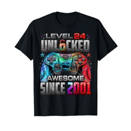 Level 24 Unlocked Awesome Since 2001 24th Birthday Gaming T-Shirt