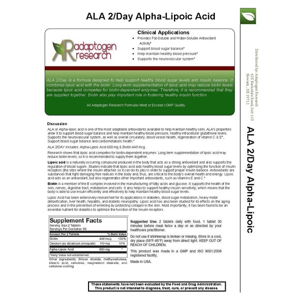 ALA 2/Day Alpha- Lipoic Acid | Alpha Lipoic Acid 600 mg & Biotin | Water- and Lipid-Soluble Antioxidant Supplement | Helps Maintain Blood Sugar Levels | 120 Tabs