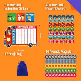Magnetic Potty Training Chart, Fire Truck Reward Potty Training Chart with 50 Reusable Fireman Magnets Plus 45 Stickers and a Storage Bag, Perfect for Boys & Girls, Multiple Toddlers (14.5” X 10”)
