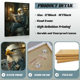 KFYMP Funny Bald Eagle Reading Newspaper Canvas Wall Art, 12x16 Inch Gallery-Wrapped Bathroom Humor Artwork, Patriotic Animal Print for Restroom, Bedroom, or Office Decor