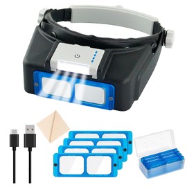 Vludiss Headband Magnifier with LED Light, Rechareable 1.5X - 3.5X Optical Magnifying Headset with 4 Lenses, Jewelers Magnifying Glass Optivisor Loupe Visor for Close Work