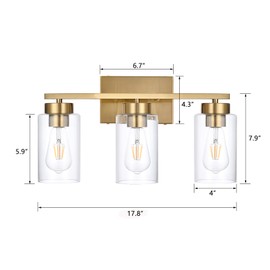 A1A9 3-Light Bathroom Vanity Light, Modern Brushed Gold Wall Lights with Clear Glass Shades, Bathroom Wall Sconce Lamp for Mirror Living Room Bedroom Hallway