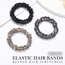 Reaky Pearl Hair Ties Rhinestone Ponytail Holder Beaded Hair Scrunchies 3 Pcs Elastic Hair Bands Hair Accessories for Women (black,silver,blue)