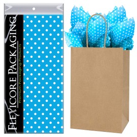 Flexicore Packaging Natural Brown Kraft Paper Gift Bags & Turquoise Gift Wrap Tissue Paper | Size: 5.25 Inch X 3.25 Inch X 8.25 Inch | Count: 50 Bags | Color: Turquoise Polka Dot