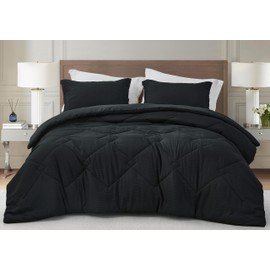 Chezmoi Collection Hugo 3-Piece Textured Thin Comforter Set - Lightweight Woven Design - Soft Microfiber Bedding for All Season, Queen, Black