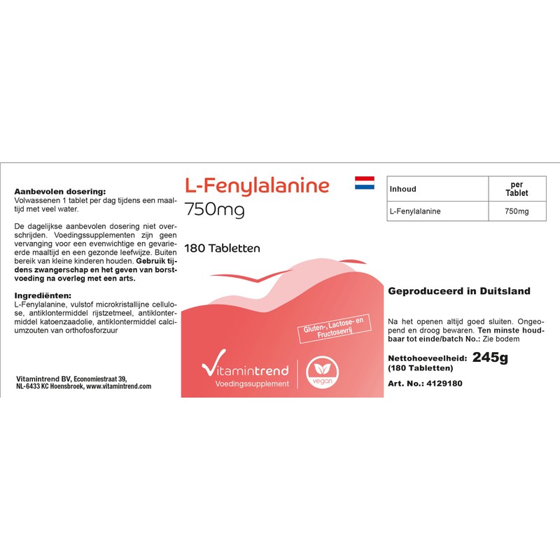 L-Phenylalanine 750 mg, 6-month supply, 180 tablets, vegan, high dose.