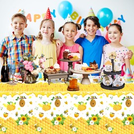 Pack of 4 Bee Tablecloth Happy Bee Day Tablecloths Rectangle Honey Bees Bumble Table Cover Bee Theme Party Tablecloth for Bee Baby Shower Bee Birthday Party Decorations 51 x 86 Inch