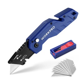 WORKPRO Folding Utility Knife, Box Cutter with Belt Clip, Quick-Change Blade, Lightweight Nylon Handle, Wire Stripper & Gut Hook, Extra 10 SK5 Blades Included, Blue