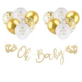 BETESSIN Oh Baby Garland Gold Baby Shower Decoration Banner Paper and 12 Pieces Latex Balloons (12 Inches) Hanging Decoration for Baby Shower Baby Shower Gender Reveal Party Christening etc.