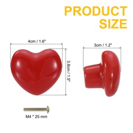 uxcell 2 Packs Ceramic Drawer Knobs, Heart-Shaped Dresser Pulls, Decorative Drawer Knobs with M4 x 25mm Screw for Cupboard Wardrobe, Red