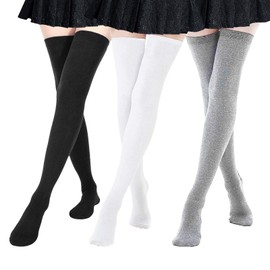 DRESHOW Women's Extra Long Socks, Over Knee Socks, Long Striped Socks, Casual High Boot Stockings, 3 pairs: black, white, grey