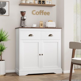 GarveeHome Farmhouse White Buffet Cabinet with Storage, Kitchen Sideboard with 2 Doors and 2 Drawers, Wooden Coffee Bar Cabinet with Shelves for Dining Room, Living Room