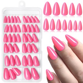 Bellelfin 120Pcs Short Press on Nails Almond Shaped Fake Nails, Glossy Acrylic Hot Pink Nails Press on Full Cover Stick on Nails for Women Girls