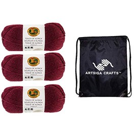 Lion Brand Touch of Alpaca Crimson 674-138 (3-Skeins - Same Dye Lot) Worsted Medium #4 Acrylic, Alpaca Yarn for Crocheting and Knitting - Bundle with 1 Artsiga Crafts Project Bag