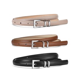 HILYPINK 3 Pack Women Skinny Leather Belts for Dress, Ladies Thin Waist Belt for Jeans Pants with Silver Buckle