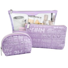 Hiroyuki Clear Makeup Bag Set, 3 Pack Cosmetic Organizer Case Transparent Large Travel Toiletry Bags for Women TSA Approved Toiletry Bag Skincare Pouch Letter Print Wash Bag (Purple)