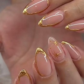 Ceboic Press on Nails Almond, Medium Long Nude Pink Nails for Sticking, French Gold Tip Artificial Nails, Shiny Full Cover Acrylic Artificial Nails, Fake Nails for Women, Girls, Manicure, Pack of 24