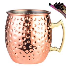 Vilihkc 4 tazas Moscow Mule de tamaño grande de 530 ml, revestimiento de acero inoxidable puro chapado en cobre, asas de latón dorado con 5 pajitas de acero inoxidable en forma de corazón