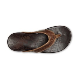 OLUKAI Hikianalia Men's Leather Sandal, Full-Grain Leather, Non-Marking Rubber Traction Pads & Compression Molded Footbed, Tan/Dk Java, 10