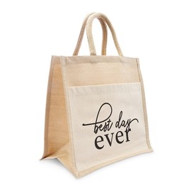WEDDINGSTAR Medium Reusable Woven Jute Tote Bag With Pocket - Best Day Ever