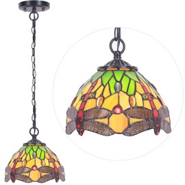 Small Tiffany Pendant Light 8 inch Tiffany Style Stained Glass Pendant Hanging Lamp Small Vintage Hanging Light Fixtures for Home Living Room Restaurant Hallway (Green Dragonfly Style)