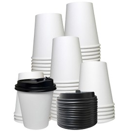 EcoQuality White Hot Drink Paper Cups 10 oz with Black Dome Lids - Disposable Paper Coffee Cups, Recyclable, Compostable, Office, Breakrooms, Restaurants, Coffee Shops, Tea Shops, Latte, Chai (150)