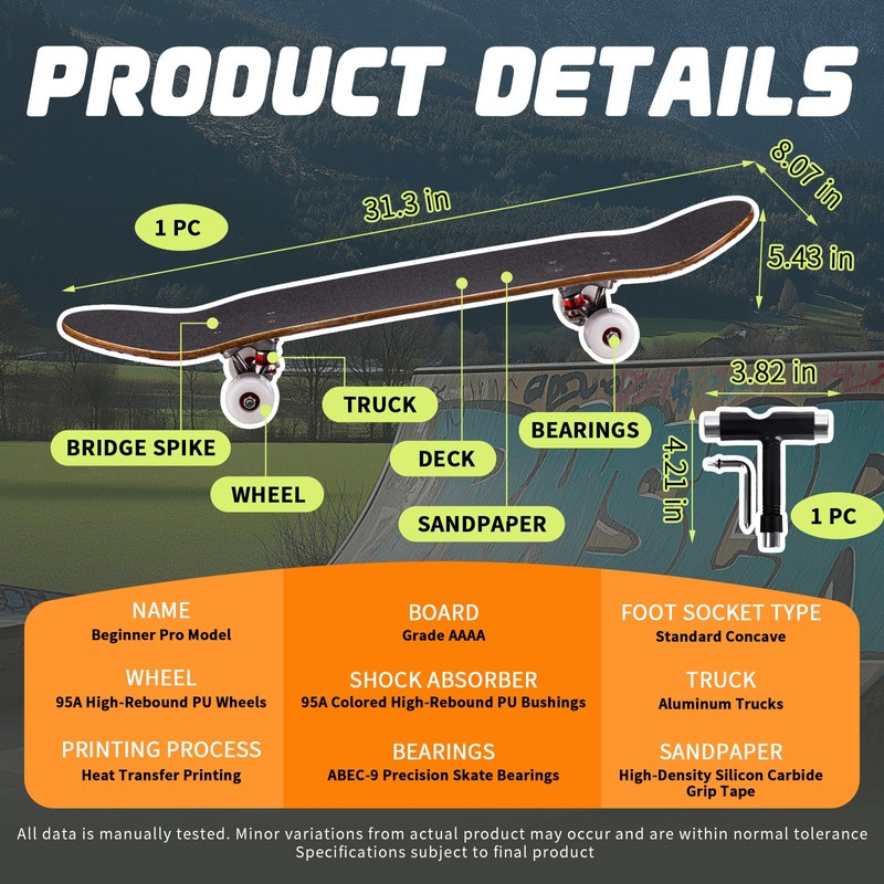 Professional Double Kick Skateboard, 31 inch Maple Deck, ABEC-9 Bearings,