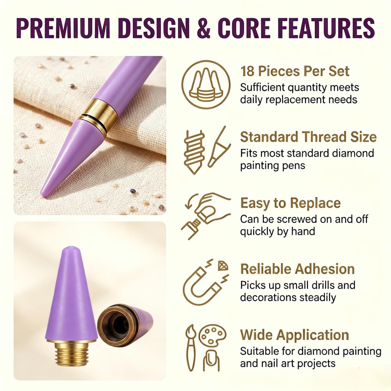 18 Pcs Wax Replacement Head Tips,Nail Rhinestone Picker (Purple)