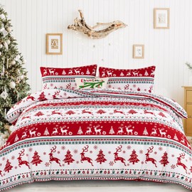 Dobuyly Christmas Comforter Set Queen Size, Reindeer Snowflake Xmas Tree Holiday Decor Bedding Set, 3 Pieces Soft Microfiber Boho Christmas New Year Gift Bed Comforter Set 90"x90"