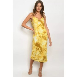 Hashttag in Trend Yellow Tie Dye Drop Neck Pencil Dress Size Medium Spaghetti Strap Summer Travel