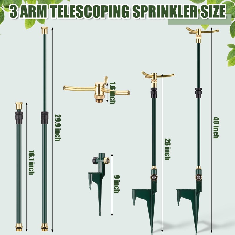 Funnymoom 2 Pack 3-arm Rotating Telescoping Sprinkler 360 Degree Swivel