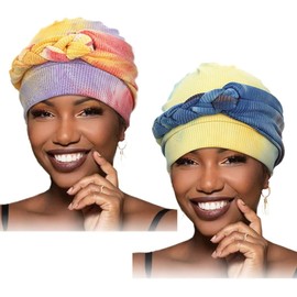 Woeoe African Turban Head Wrap Tie Dye Pre-Tied Head Scarf Soft Braid Print Head Cover Cap Headwear for Women and Girls(Pack of 2)
