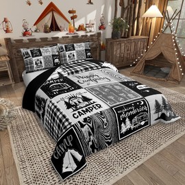 Erosebridal Rv Bedding Sets Plaid Camper Comforter Set Queen Rustic Farmhouse Camping Bunk Bedding Comforter Sets Camper Accessories for Travel Trailers,Woodland Travel Quilt for Kids Boys Men