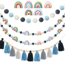 4 Pcs Boho Felt Banner Classroom Tassel Garland Felt Rainbow Decoration Colorful Pom Pom Garland Wall Hanging Decor for Back to School Supplies First Day Of School Nursery Bedroom Birthday Party(Blue)