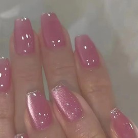 ANDGING Pink Cat Eye Press on Nails Coffin Short Medium Fake Nails with Bling Designs Full Cover Gel Fake Nails for Women Acrylic Glitter False Nails Manicure stick on nail for Wedding 24 Pcs