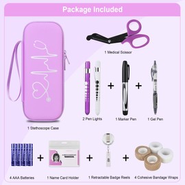 BOVKE 15 Pcs Stethoscope Case Sets Medical Supplies Include Stethoscope Case, Medical Scissors, 2 Penlights with Batteries, Bandage Wraps, Name Card Holder for Nursing School Tool Kits, Purple