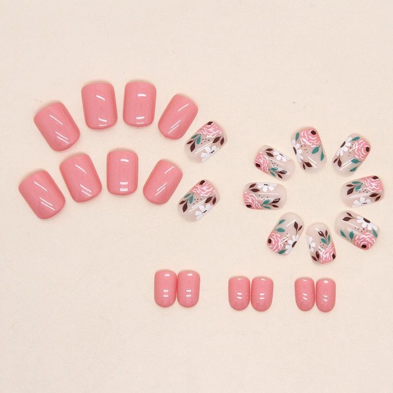 Short Floral Pattern Square Fake Nails, 24pcs False Press on