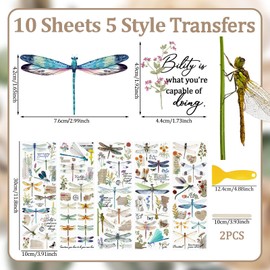 WANDIC 10 Sheets Rub On Transfer Sticker, Dragonfly Pattern Flower Stickers for DIY Scrapbooking Photo Albums Furniture,11.8 * 3.9in