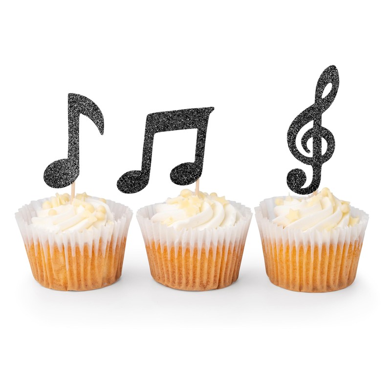Clovercrafts 12 x Black Glitter Music Note Cupcake Toppers –