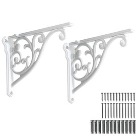 khtumeware 2 Pack 8 Inch Shelf Brackets, White Shelf Brackets,Metal Bracket for Shelves Ornate Heavy Duty Decorative Wall Brackets for Shelves (2, White)