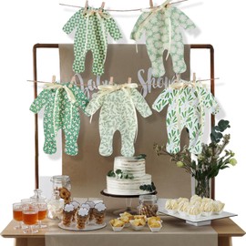Sage Green Baby Shower Banner Decor with Ribbon Bows 5 Neutral Pajama Clothesline Garland, Gender Reveal Party Supplies Greenery Backdrop 10ft Natural Jute Rope (Sage Green Neutral Farmhouse)