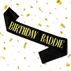 GLITZJOY Birthday Sash, BIRTHDAY BADDIE SASH Black Glitter Sash with Gold Foil Sparkly Satin Birthday Sash for Women Girls Men Decorations for Party Supplies