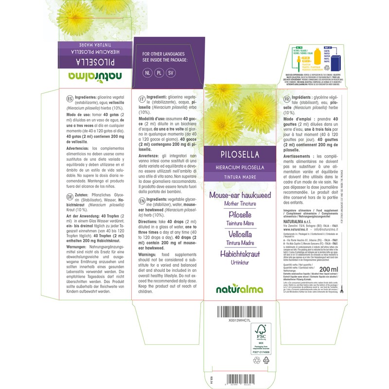 HABICHTSKRAUT (Hieracium Pilosella) Herb Alcohol Free Urtincture NATURALMA Liquid Extract