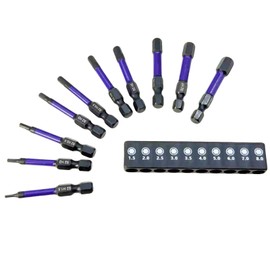 Impact Hex Bit Set, 10-Piece, 1.5-8mm, S2 Steel, 1/4-inch Shank with Magnetic Holder