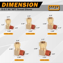 HASAOMOI 5PCS D.O.T Compression Fittings Brass 90 Degree Union Elbow Joint DOT Approved 1/4" Tube OD x 1/4" NPT Thread Air Brake Line Adapter Air Suspension Kit for Car Truck Trailers