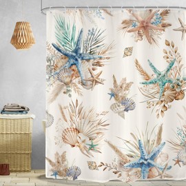 Omifly Starfish and Seashells Shower Curtain 60Wx72H Inch Beach Pampas Coastal Nautical Ocean Vintage Beige Retro Sea with 12 Plastic Hooks Fabric Waterproof Toilet Accessories Decor
