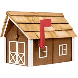 Amish-Made Deluxe Post Mount Wooden Mailbox with Cedar Shingles (Chestnut with White Trim)