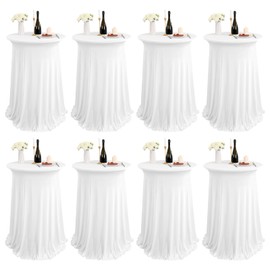 REWOMC 8 Packs Round Cocktail Table Skirt 32"x 43" Spandex Stretch Cocktail Tablecloth with Wavy Drapes, White Spandex Fitted High Top Table Covers for Wedding Bar Party Birthday Banquet Table
